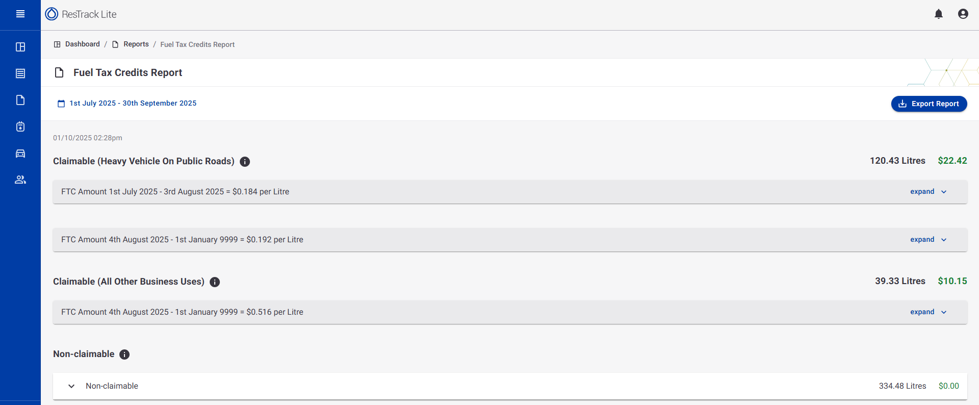 Fuel Tax Credits Report Screenshot