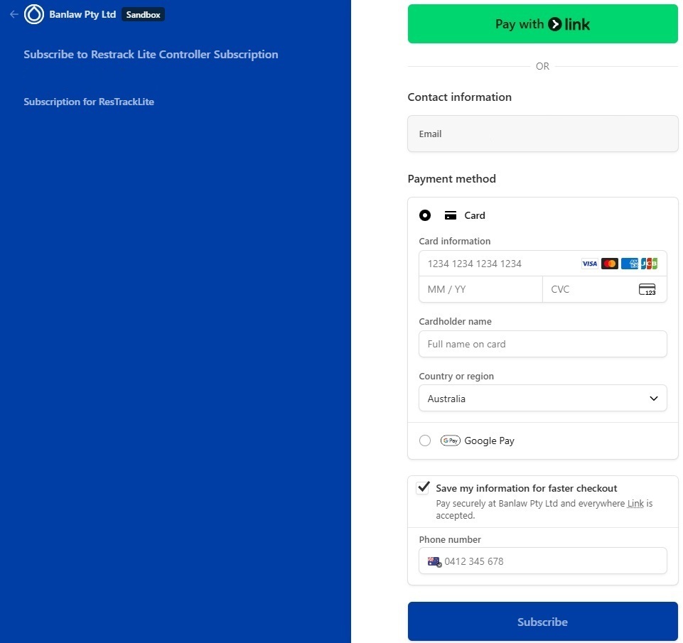 subscription payment details
